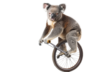 Koala on a unicycle, performing in the circus isolate on transparent background, cutout, png