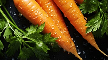 Fresh organic orange carrots with green leaves covered with water drops closeup - obrazy, fototapety, plakaty