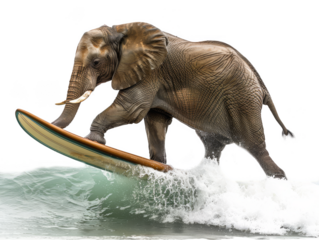 Elephant on a surfboard, riding the waves isolate on transparent background, cutout, png