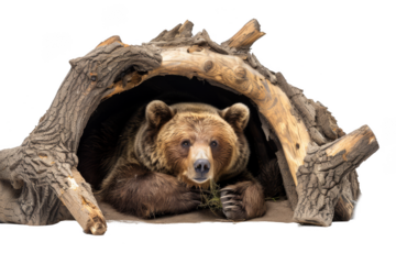 Brown bear peering out from a log den, eyes alert and posture relaxed isolate on transparent background, cutout, png