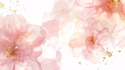 Pastel pink and gold abstract floral watercolor on a white background, hand-painted style