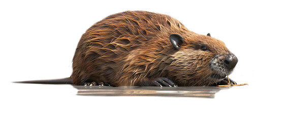 Beaver gathering materials for its dam construction isolate on transparent background, cutout, png