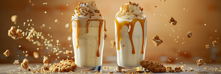 Iced coffee with whipped cream and caramel topping on black background. - obrazy, fototapety, plakaty