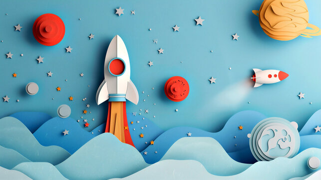 Ilustración minimalista de recorte de papel del espacio, planetas y naves espaciales sobre un fondo azul