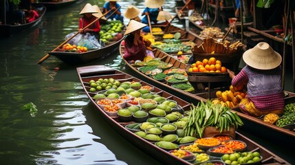 Southeast Asian women selling fruits and vegetables in a floating market