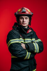 Fototapeta premium Young firefighter in full gear, arms crossed, standing against a vivid red background.