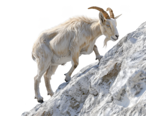 Mountain goat confidently stands atop a rugged rock formation isolate on transparent background, png, cutout