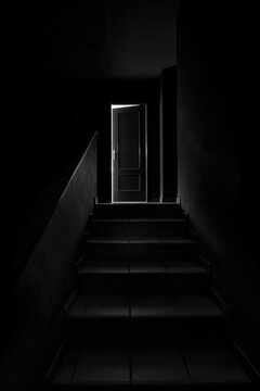 Black and white image of a dark staircase with a door ajar at the end, like a scene from a horror movie
