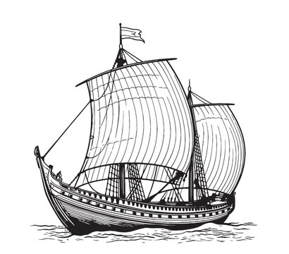 Drakkar Viking ship. Medieval military boat with sails Vintage Vector illustration