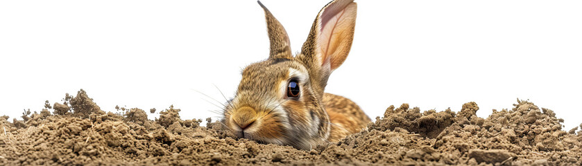 A rabbit digging a complex network of burrows  isolated on white background - obrazy, fototapety, plakaty