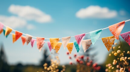 Colorful paper flags hanging from a string with a blurred background of a field of flowers and blue sky - obrazy, fototapety, plakaty
