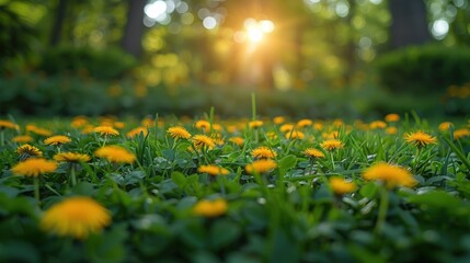 Landscape of young lush green grass with blooming dandelions Beautiful spring natural background.