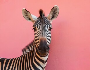 Naklejka premium Zebra against a yellow and pink wall. Minimalism, Closeup portrait. bright and contrasting colors. posters and cards, copy space