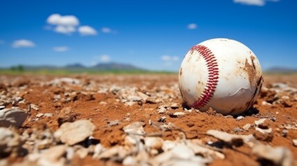 Close up of a baseball on a dry, rocky field