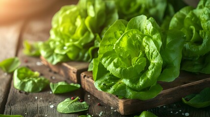 Close up of fresh Lettuces on a rustic wooden Table