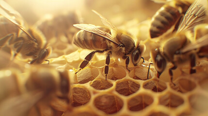 a bee emerging from a cell in the hexagon honeycomb - obrazy, fototapety, plakaty