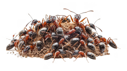 Group of ants working together to build their anthill isolate on transparent background, cutout, png