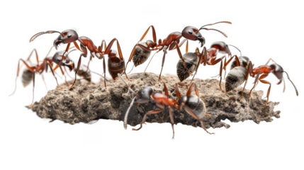 Group of ants working together to build their anthill isolate on transparent background, cutout, png