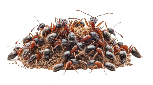 Group of ants working together to build their anthill isolate on transparent background, cutout, png