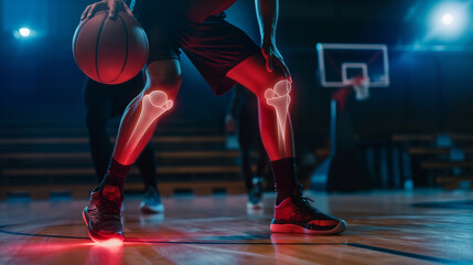 basketball player knee injury during play basketball competition match in stadium, with transparency highlight red bone injury effect, sport physical treatment and healthy concept