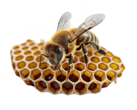 Honeybee is trying to improve the hexagonal design of its hive isolate on transparent background, cutout, png