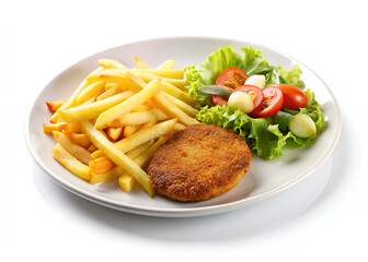 Grilled steak with fries.  White background