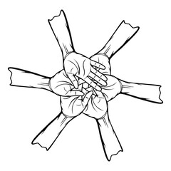 many people put their right hands together with the bottom view black and white vector illustration