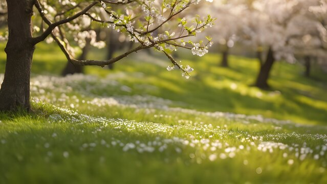 Background of trees in spring with falling flowers