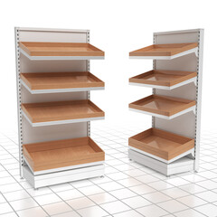 Retail display stands mockup with wooden shelves. 3d illustration set