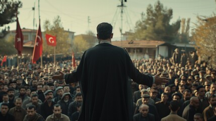 Man performing a speech to a crowd in street - obrazy, fototapety, plakaty
