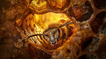 a bee emerging from a cell in the hexagon honeycomb