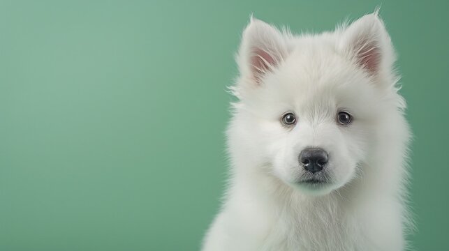 close-up of a cute samoyed puppy on a green background, gazing directly at the camera in a professional photo studio setting. Perfect for a pet shop banner or advertisement
