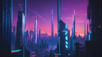 Poster Illuminated cityscape with neon-lit skyscrapers © Zyariss