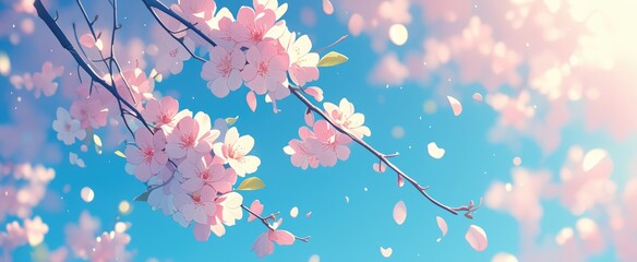 Spring banner, blossoming cherry over blue sky background. Beautiful cherry blossom sakura in spring time, romantic image spring, landscape panorama. - obrazy, fototapety, plakaty