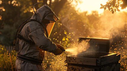 a beekeeper inspecting a frame from a beehive - obrazy, fototapety, plakaty
