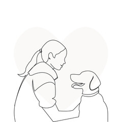 Woman holding her dog continuous outline vector. Pet lover concept.