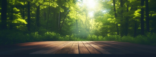 Spring banner with green grass, sunlight and wood floor. Beauty natural background - obrazy, fototapety, plakaty