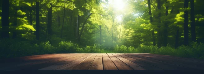 Tuinposter Spring banner with green grass, sunlight and wood floor. Beauty natural background © Shaman4ik