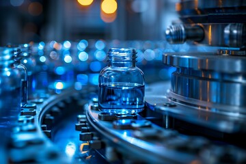 Automated bottling line, closeup, fluid motion for a fastpaced manufacturing background , vibrant