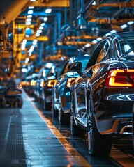Automotive plant assembly, wide shot, cars in production for a dynamic manufacturing wallpaper , cinematic - obrazy, fototapety, plakaty