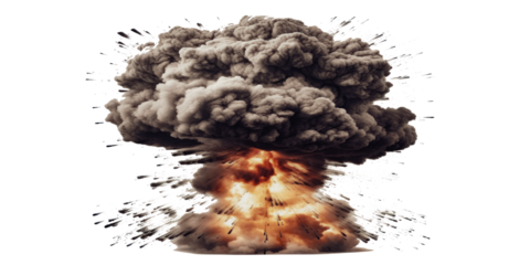 Mushroom cloud explosion with flames and smoke isolated on transparent background cutout