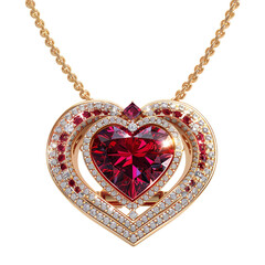 Heart shaped golden ruby necklace with diamonds, AI Generative.