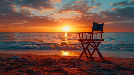 Directors chair silhouette, sunset, wide view for an iconic industry wallpaper , vibrant