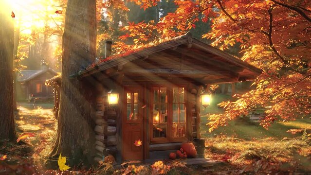Immerse yourself in the cozy ambiance of autumn with a classic stacked house surrounded by heaps of wood, featured in this mesmerizing 4k looping video.