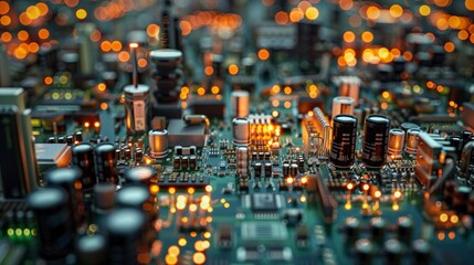 Electronics fabrication, wide lens, circuit boards assembly for a hightech industry background , photographic style - obrazy, fototapety, plakaty