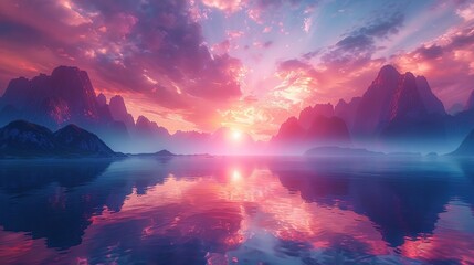 Surreal Sunset Over Mountainous Landscape with Serene Waters Reflecting Vibrant Skies in a Fantasy Digital Artwork