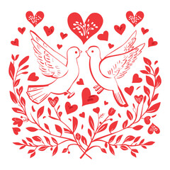 birds and heart. Valentine's Day-themed T-shirt design with hearts, doves, and love colors in a vector illustration.