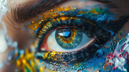 Colorful Artistry Captured in a Macro Shot of a Human Eye, Reflecting Abstract Painting and Textures on the Skin