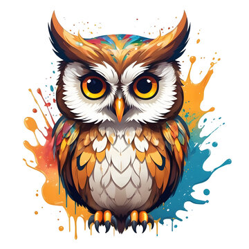 Owl illustration with splash colors on transparent background generative ai