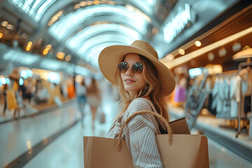 A young shopaholic woman walks through a shopping center - obrazy, fototapety, plakaty